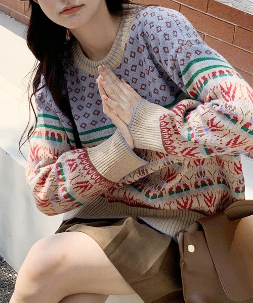 セール】秋服 ノルディック柄 オーバーサイズ ジャガードニット