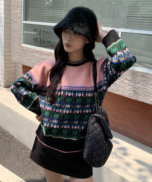 セール】秋服 ノルディック柄 オーバーサイズ ジャガードニット