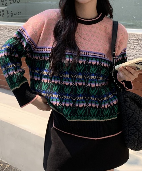 セール】秋服 ノルディック柄 オーバーサイズ ジャガードニット