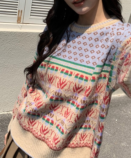 セール】秋服 ノルディック柄 オーバーサイズ ジャガードニット