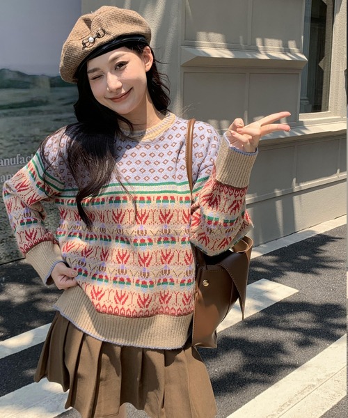 セール】秋服 ノルディック柄 オーバーサイズ ジャガードニット