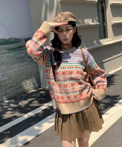 セール】秋服 ノルディック柄 オーバーサイズ ジャガードニット