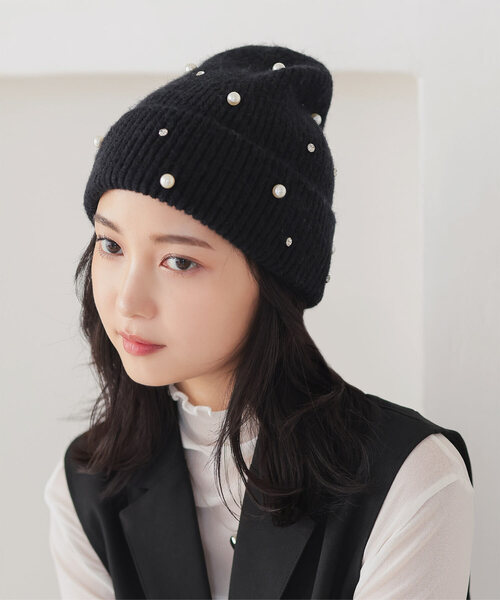 KOBE LETTUCE（コウベレタス）の「パールビジューorベロアリボンニット帽（ニットキャップ/ビーニー・レディース・ブラック系/ブラック/グレー/グレー系・FREE）」の2枚目の写真