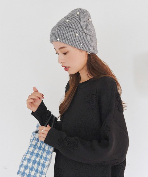 KOBE LETTUCE（コウベレタス）の「パールビジューorベロアリボンニット帽（ニットキャップ/ビーニー・レディース・ブラック系/ブラック/グレー/グレー系・FREE）」の7枚目の写真