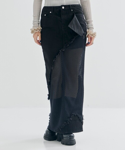 tanakadaisuke(タナカダイスケ)の「【tanakadaisuke/タナカダイスケ】lace docking maxi denim skirtデニムスカート(デニムスカート・レディース・ベージュ/ブラック・FREE)」の2枚目の写真