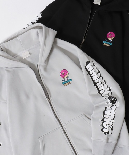 SITRY（シトリー）の「Street Style Design Sweat Hoodie/オーバーサイズ ヘビーウェイト 裏起毛 ドーナツ ワンポイント刺繍 袖プリント フルジップパーカー スウェット レディース メンズ（パーカー・メンズ・ライトグレー/ブラック/インディゴブルー・M/L/LL）」の3枚目の写真