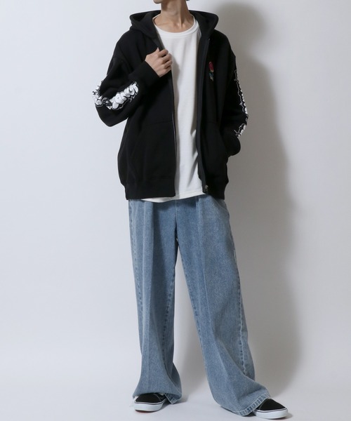 SITRY（シトリー）の「Street Style Design Sweat Hoodie/オーバーサイズ ヘビーウェイト 裏起毛 ドーナツ ワンポイント刺繍 袖プリント フルジップパーカー スウェット レディース メンズ（パーカー・メンズ・ライトグレー/ブラック/インディゴブルー・M/L/LL）」の21枚目の写真