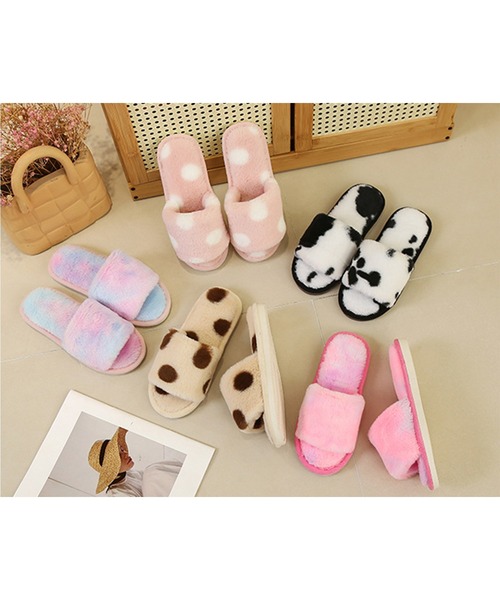 セール】カラフル ファー オープントゥ フラット スリッパ（ルーム