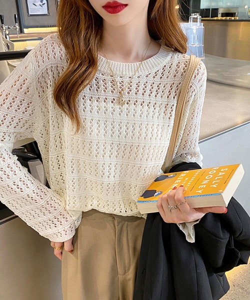 Asterellivi(アステレリビ)の「シアーショート丈ニット(Tシャツ/カットソー・レディース・ライトベージュ/カーキ/ブラック/ホワイト/ブラウン・FREE)」の6枚目の写真