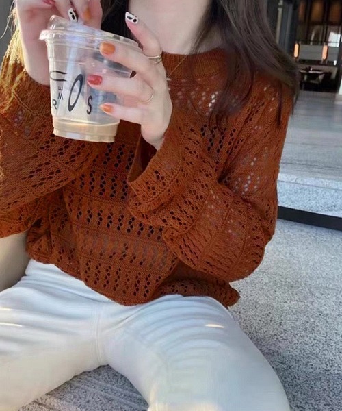 Asterellivi(アステレリビ)の「シアーショート丈ニット(Tシャツ/カットソー・レディース・ライトベージュ/カーキ/ブラック/ホワイト/ブラウン・FREE)」の9枚目の写真