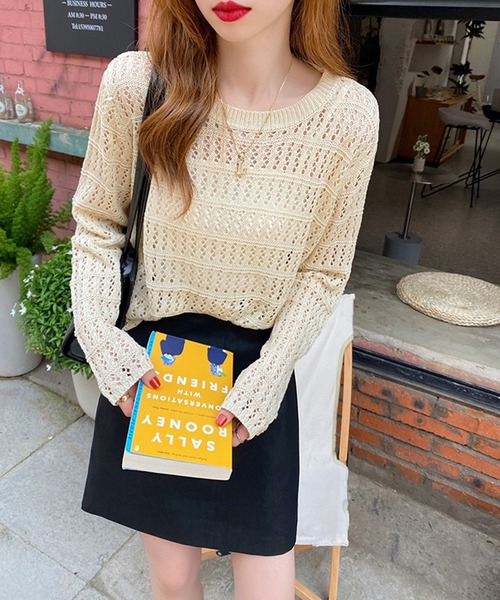 Asterellivi(アステレリビ)の「シアーショート丈ニット(Tシャツ/カットソー・レディース・ライトベージュ/カーキ/ブラック/ホワイト/ブラウン・FREE)」の11枚目の写真