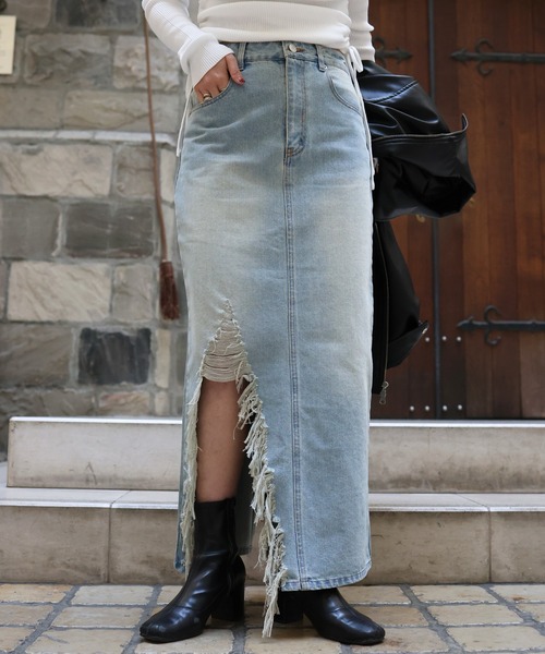 ダメージスリットデニムロングスカート（デニムスカート）｜Mili