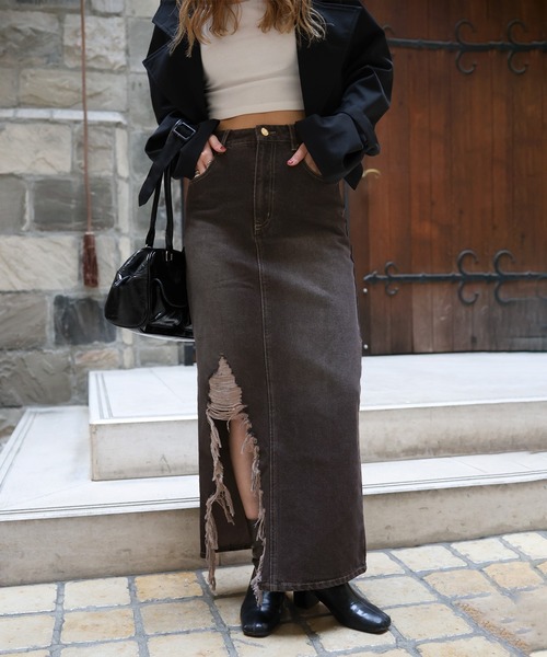 ダメージスリットデニムロングスカート（デニムスカート）｜Mili