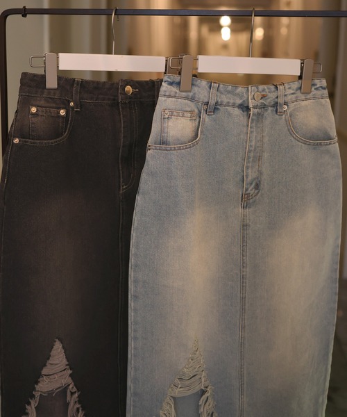 ダメージスリットデニムロングスカート（デニムスカート）｜Mili