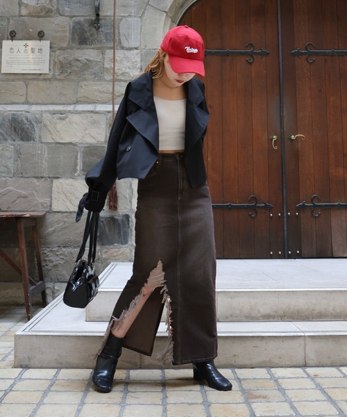 ダメージスリットデニムロングスカート（デニムスカート）｜Mili