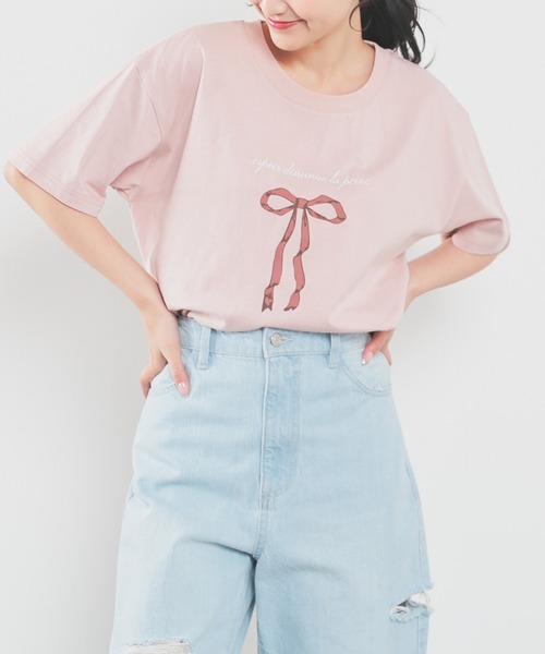 Honeys(ハニーズ)の「【UVカット】リボンプリントTシャツ(Tシャツ/カットソー・レディース・ブラック/オートミール/ピンク/ホワイト・L/LL/M/S)」の4枚目の写真