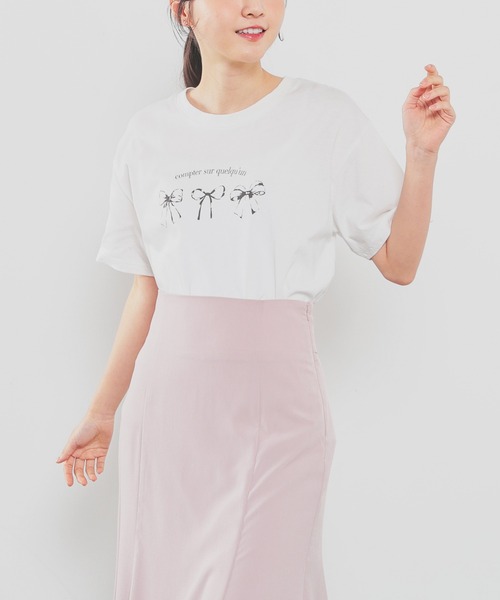 Honeys(ハニーズ)の「【UVカット】リボンプリントTシャツ(Tシャツ/カットソー・レディース・ブラック/オートミール/ピンク/ホワイト・L/LL/M/S)」の9枚目の写真