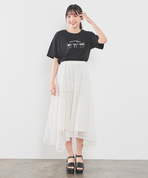 Honeys(ハニーズ)の「【UVカット】リボンプリントTシャツ(Tシャツ/カットソー・レディース・ブラック/オートミール/ピンク/ホワイト・L/LL/M/S)」の10枚目の写真