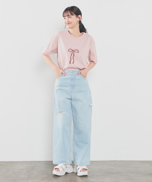 Honeys(ハニーズ)の「【UVカット】リボンプリントTシャツ(Tシャツ/カットソー・レディース・ブラック/オートミール/ピンク/ホワイト・L/LL/M/S)」の12枚目の写真