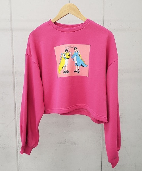 spiritoso（スピリトーゾ）の「【spiritoso】怪獣カップルプリントクロップドトップス(CP)（Tシャツ/カットソー・レディース・杢グレー/オリーブ/ピンク・FREE）」の3枚目の写真