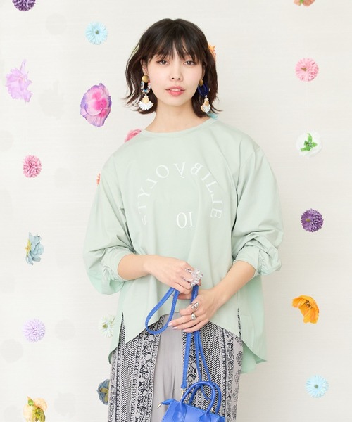 JETSET SOLO PLUS (ジェットセットソロプラス)の「【FONT LAB】異素材コンビラメロゴロンTシャツ(Tシャツ/カットソー・レディース・ライトグリーン/オフホワイト/ブラック・FREE)」の1枚目の写真