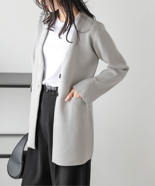 Lajour(ラジュール)の「日本製 ノーカラー ニットジャケット(ノーカラージャケット・レディース・ブラック/ライトグレー・フリー)」の10枚目の写真
