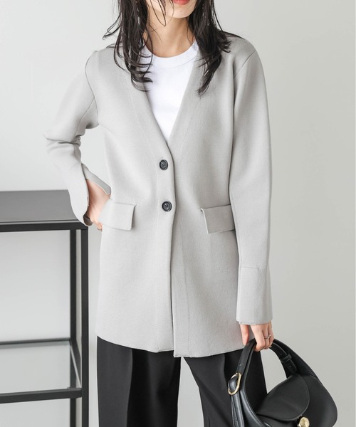 Lajour(ラジュール)の「日本製 ノーカラー ニットジャケット(ノーカラージャケット・レディース・ブラック/ライトグレー・フリー)」の16枚目の写真