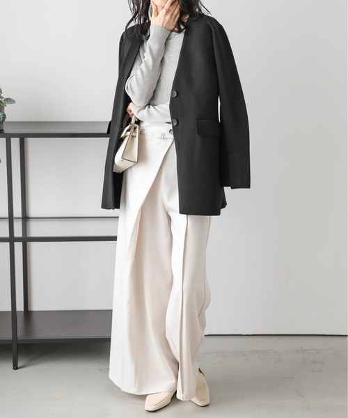 Lajour(ラジュール)の「日本製 ノーカラー ニットジャケット(ノーカラージャケット・レディース・ブラック/ライトグレー・フリー)」の21枚目の写真