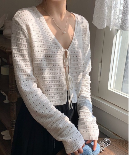 新品 タグ付き ✨グレースクラス 現行 カーディガン リボン ボレロ 白 レースレディース Lace Ladies リボン付き透かし編みボレロ