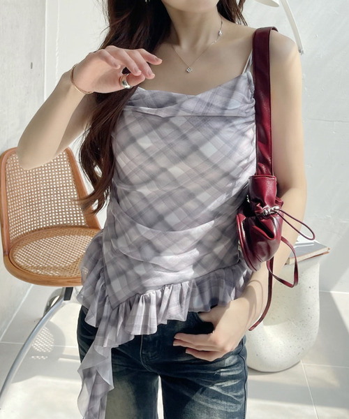 Ada.(エイダ)の「ドレープ イレヘム フリル チェック キャミソール(キャミソール・レディース・ブルー/ピンク/グリーン・FREE)」の11枚目の写真