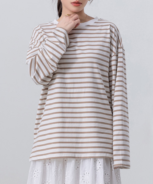 DAY CLOSET(デイ クローゼット)の「長袖 ボーダー柄 ゆる ビッグシルエット ロンT レディース(Tシャツ/カットソー・レディース・ブラック/グレー/レッド/ベージュ・FREE)」の3枚目の写真