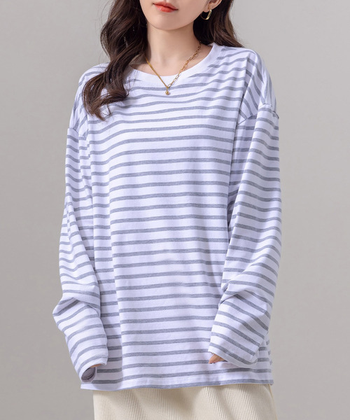 DAY CLOSET(デイ クローゼット)の「長袖 ボーダー柄 ゆる ビッグシルエット ロンT レディース(Tシャツ/カットソー・レディース・ブラック/グレー/レッド/ベージュ・FREE)」の2枚目の写真