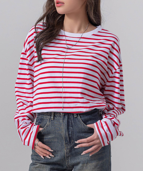 DAY CLOSET(デイ クローゼット)の「長袖 ボーダー柄 ゆる ビッグシルエット ロンT レディース(Tシャツ/カットソー・レディース・ブラック/グレー/レッド/ベージュ・FREE)」の4枚目の写真