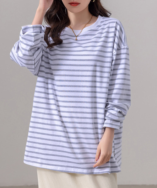 DAY CLOSET(デイ クローゼット)の「長袖 ボーダー柄 ゆる ビッグシルエット ロンT レディース(Tシャツ/カットソー・レディース・ブラック/グレー/レッド/ベージュ・FREE)」の13枚目の写真