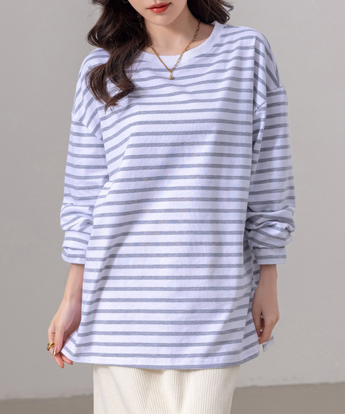 DAY CLOSET(デイ クローゼット)の「長袖 ボーダー柄 ゆる ビッグシルエット ロンT レディース(Tシャツ/カットソー・レディース・ブラック/グレー/レッド/ベージュ・FREE)」の14枚目の写真