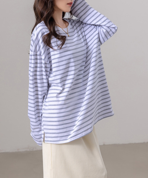 DAY CLOSET(デイ クローゼット)の「長袖 ボーダー柄 ゆる ビッグシルエット ロンT レディース(Tシャツ/カットソー・レディース・ブラック/グレー/レッド/ベージュ・FREE)」の15枚目の写真