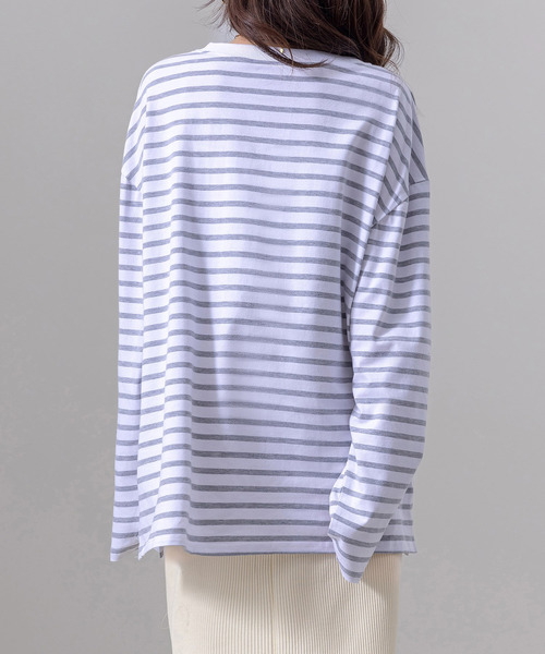 DAY CLOSET(デイ クローゼット)の「長袖 ボーダー柄 ゆる ビッグシルエット ロンT レディース(Tシャツ/カットソー・レディース・ブラック/グレー/レッド/ベージュ・FREE)」の16枚目の写真