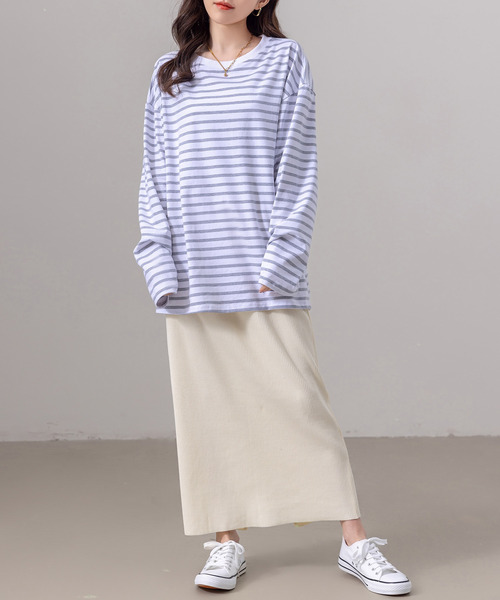DAY CLOSET(デイ クローゼット)の「長袖 ボーダー柄 ゆる ビッグシルエット ロンT レディース(Tシャツ/カットソー・レディース・ブラック/グレー/レッド/ベージュ・FREE)」の17枚目の写真