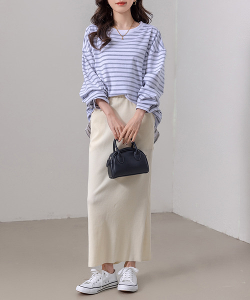 DAY CLOSET(デイ クローゼット)の「長袖 ボーダー柄 ゆる ビッグシルエット ロンT レディース(Tシャツ/カットソー・レディース・ブラック/グレー/レッド/ベージュ・FREE)」の18枚目の写真
