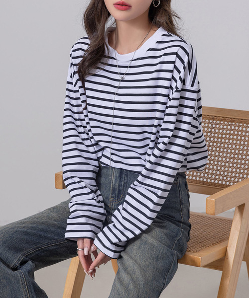 DAY CLOSET(デイ クローゼット)の「長袖 ボーダー柄 ゆる ビッグシルエット ロンT レディース(Tシャツ/カットソー・レディース・ブラック/グレー/レッド/ベージュ・FREE)」の5枚目の写真