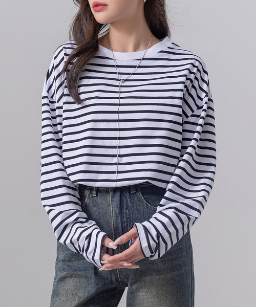 DAY CLOSET(デイ クローゼット)の「長袖 ボーダー柄 ゆる ビッグシルエット ロンT レディース(Tシャツ/カットソー・レディース・ブラック/グレー/レッド/ベージュ・FREE)」の6枚目の写真