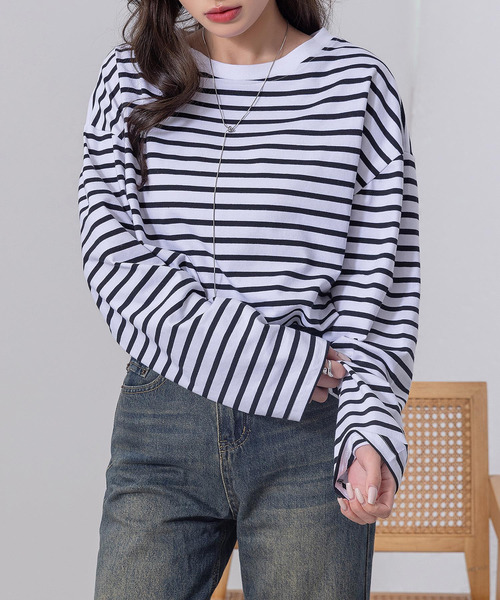 DAY CLOSET(デイ クローゼット)の「長袖 ボーダー柄 ゆる ビッグシルエット ロンT レディース(Tシャツ/カットソー・レディース・ブラック/グレー/レッド/ベージュ・FREE)」の7枚目の写真