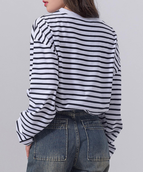 DAY CLOSET(デイ クローゼット)の「長袖 ボーダー柄 ゆる ビッグシルエット ロンT レディース(Tシャツ/カットソー・レディース・ブラック/グレー/レッド/ベージュ・FREE)」の8枚目の写真