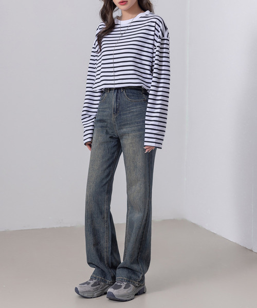DAY CLOSET(デイ クローゼット)の「長袖 ボーダー柄 ゆる ビッグシルエット ロンT レディース(Tシャツ/カットソー・レディース・ブラック/グレー/レッド/ベージュ・FREE)」の9枚目の写真