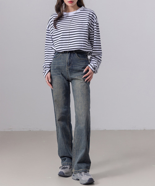 DAY CLOSET(デイ クローゼット)の「長袖 ボーダー柄 ゆる ビッグシルエット ロンT レディース(Tシャツ/カットソー・レディース・ブラック/グレー/レッド/ベージュ・FREE)」の10枚目の写真