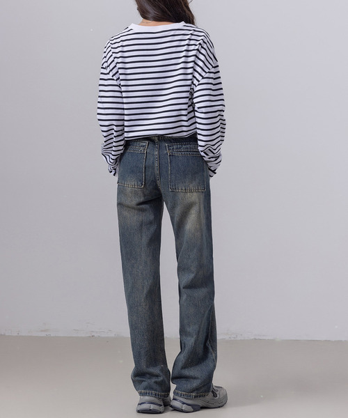 DAY CLOSET(デイ クローゼット)の「長袖 ボーダー柄 ゆる ビッグシルエット ロンT レディース(Tシャツ/カットソー・レディース・ブラック/グレー/レッド/ベージュ・FREE)」の11枚目の写真