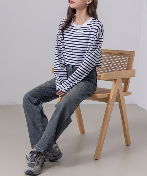 DAY CLOSET(デイ クローゼット)の「長袖 ボーダー柄 ゆる ビッグシルエット ロンT レディース(Tシャツ/カットソー・レディース・ブラック/グレー/レッド/ベージュ・FREE)」の12枚目の写真