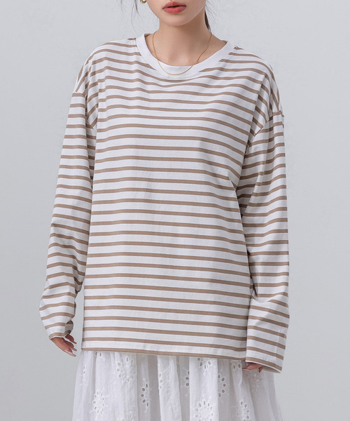DAY CLOSET(デイ クローゼット)の「長袖 ボーダー柄 ゆる ビッグシルエット ロンT レディース(Tシャツ/カットソー・レディース・ブラック/グレー/レッド/ベージュ・FREE)」の19枚目の写真