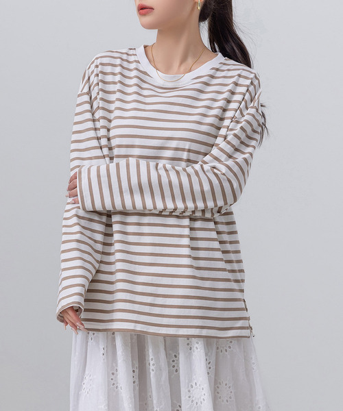 DAY CLOSET(デイ クローゼット)の「長袖 ボーダー柄 ゆる ビッグシルエット ロンT レディース(Tシャツ/カットソー・レディース・ブラック/グレー/レッド/ベージュ・FREE)」の20枚目の写真