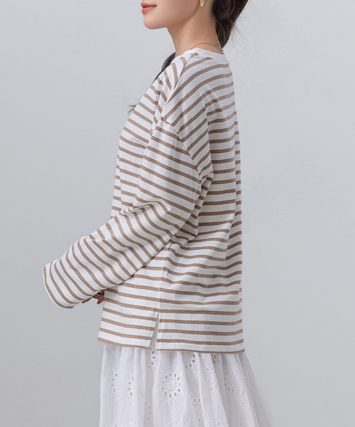 DAY CLOSET(デイ クローゼット)の「長袖 ボーダー柄 ゆる ビッグシルエット ロンT レディース(Tシャツ/カットソー・レディース・ブラック/グレー/レッド/ベージュ・FREE)」の21枚目の写真